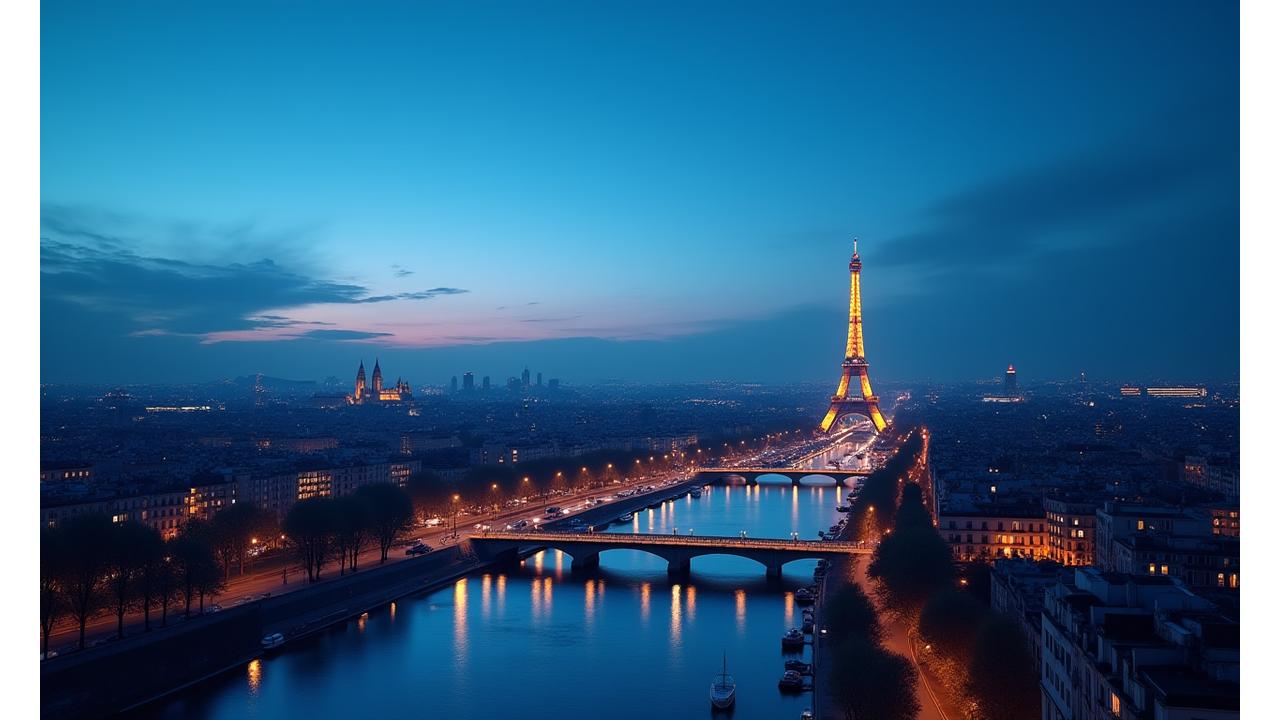 Vue panoramique de Paris au crépuscule, symbolisant l'heure bleue et le positionnement international du cabinet L'Heure Bleue.