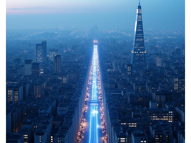 Vue aérienne stylisée du 13ème arrondissement de Paris, avec des points lumineux indiquant les connections business mondiales.
