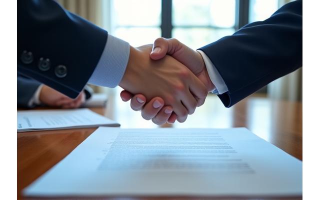 Gros plan sur une poignée de main professionnelle au-dessus de documents contractuels, symbolisant l'accord.