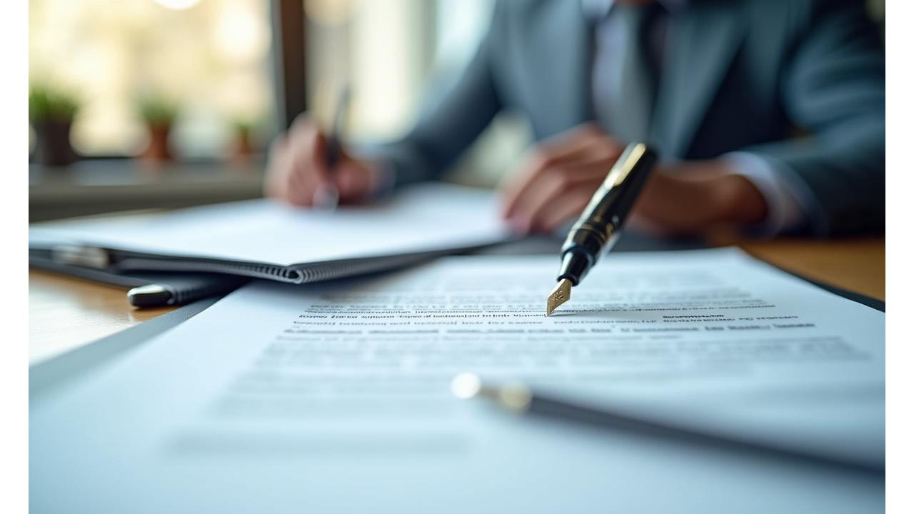 Bureau moderne avec des documents juridiques ouverts et un stylo, symbolisant la précision et la consultation.