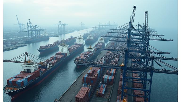 Vue aérienne du port d'Anvers ou Rotterdam, illustrant l'activité logistique intense du Benelux.