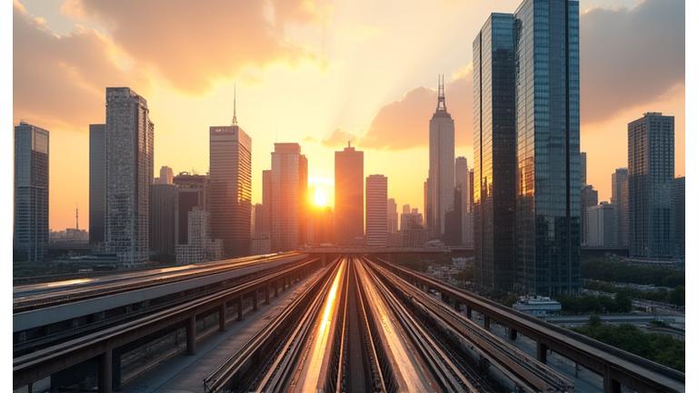 Paysage urbain moderne de Francfort, Allemagne, avec des gratte-ciel et des infrastructures de transport avancées.