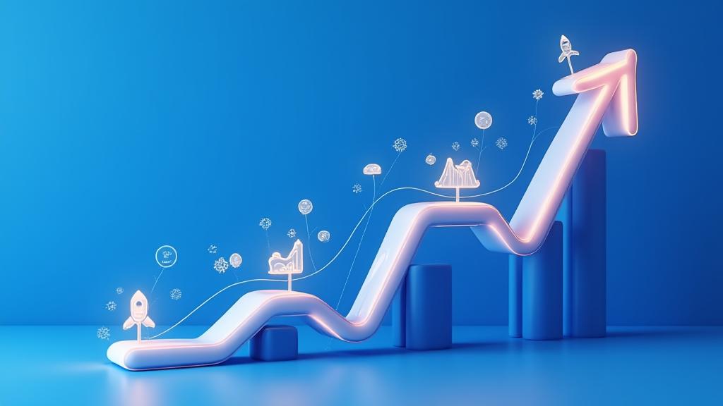 Timeline visuelle de cas de succès clients avec des illustrations des étapes clés et des marqueurs de croissance.