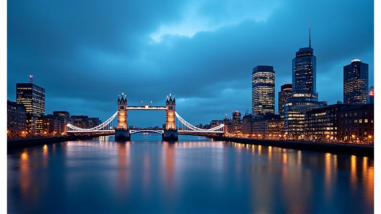 Vue emblématique de Londres avec le Tower Bridge et des bureaux modernes le long de la Tamise.