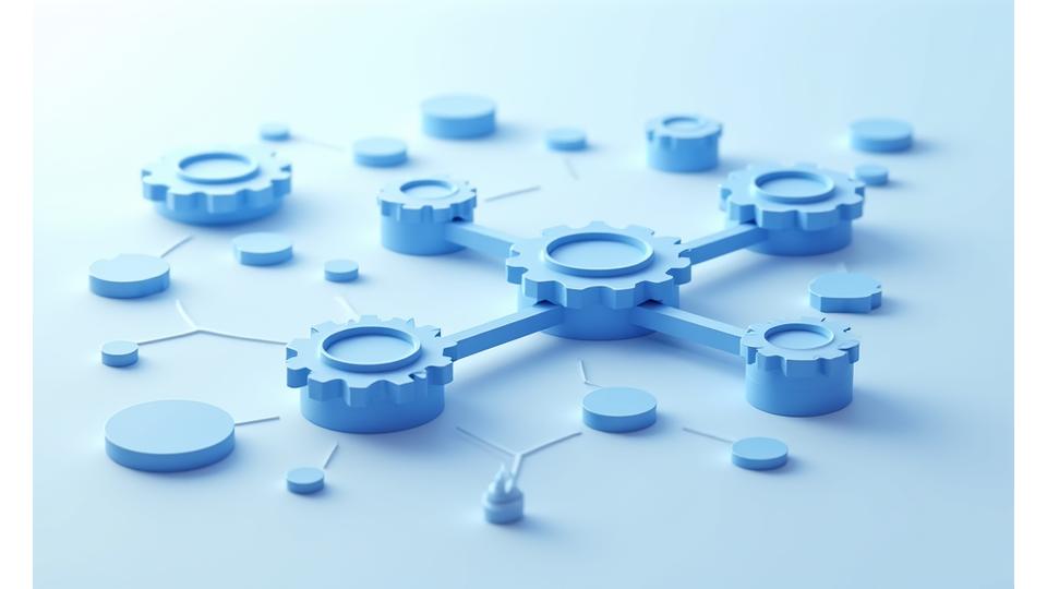 Illustration d'une structure de gouvernance d'entreprise avec des rouages interconnectés et des icônes représentant le DPO et les différents départements impliqués dans la protection des données.