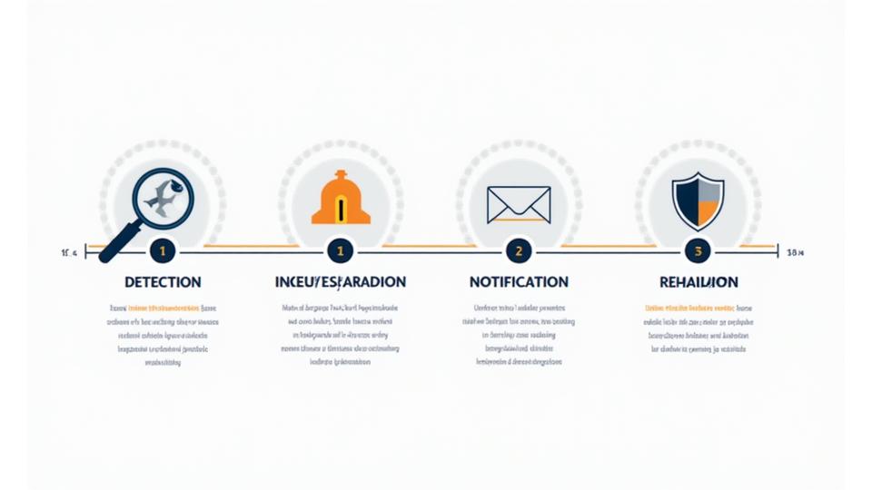 Frise chronologique visuelle représentant les étapes d'une réponse à un incident de sécurité de données, avec des icônes pour la détection, la notification et la remédiation.