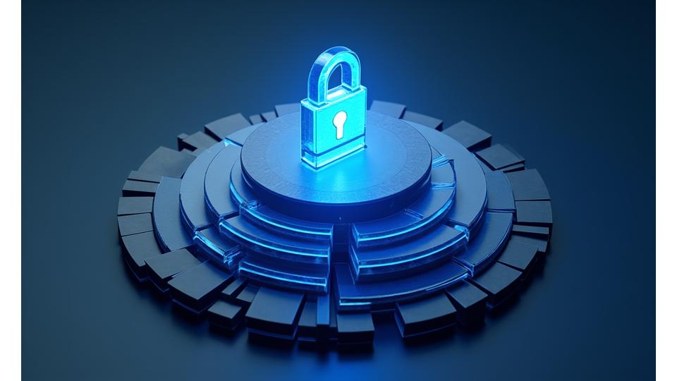 Schéma abstrait de plusieurs couches de sécurité entourant une icône de données, représentant le concept de 'Privacy by Design' dans le développement logiciel.