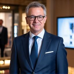 Photo de Marc Leroy, Directeur Général de Mode & Style, souriant dans une boutique moderne avec des écrans interactifs et des clients engagés, illustrant la réussite de la transformation omnicanal.