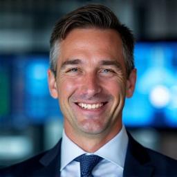 Photo de profil de Jean Dupont, CEO de NeoConnect, souriant devant des écrans affichant des graphiques de croissance positive, symbolisant la réussite de leur scale-up technologique.