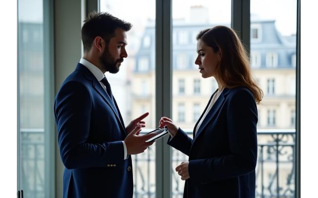 Consultant L'Heure Bleue en pleine discussion avec un client, symbolisant réactivité et écoute attentive