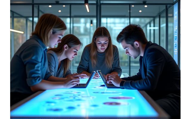 Entrepreneurs discutant d'idées innovantes dans un environnement tech moderne