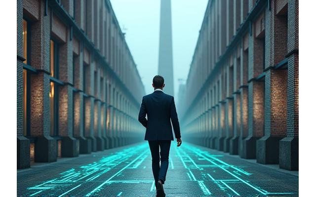 Concept de transformation digitale pour une entreprise établie, avec une superposition de technologie sur un environnement traditionnel