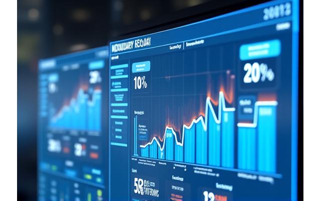 Un tableau de bord numérique affichant des indicateurs de performance clés (KPI) en croissance, avec des graphiques 'avant' et 'après' illustrant une amélioration significative des marges et de l'efficacité opérationnelle.