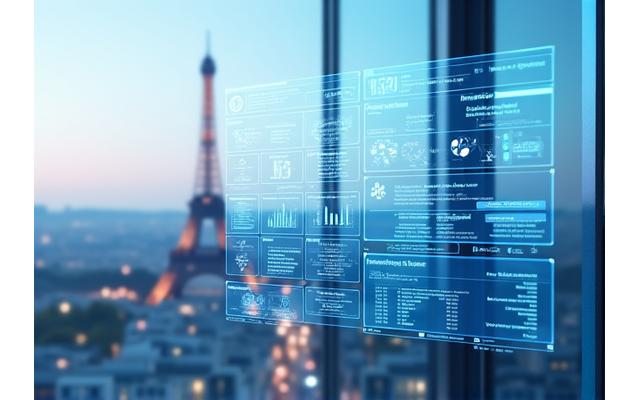 Illustation d'interfaces utilisateur superposées présentant des graphiques d'analyse de données, des icones d'automatisation et de collaboration, le tout dans un style moderne et épuré.