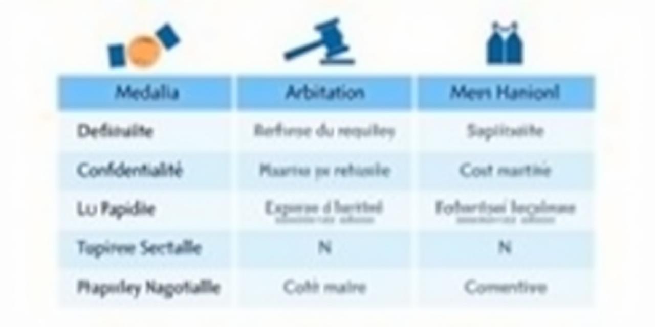 Tableau comparatif des avantages de la médiation, de l'arbitrage et de la négociation